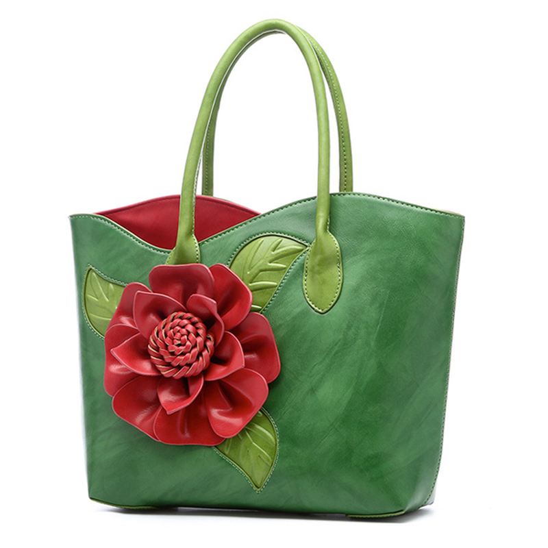 Kvinder Pu Læder Blomsterdekoration Elegant Håndtaske Sling Bag National Style Tote Bag