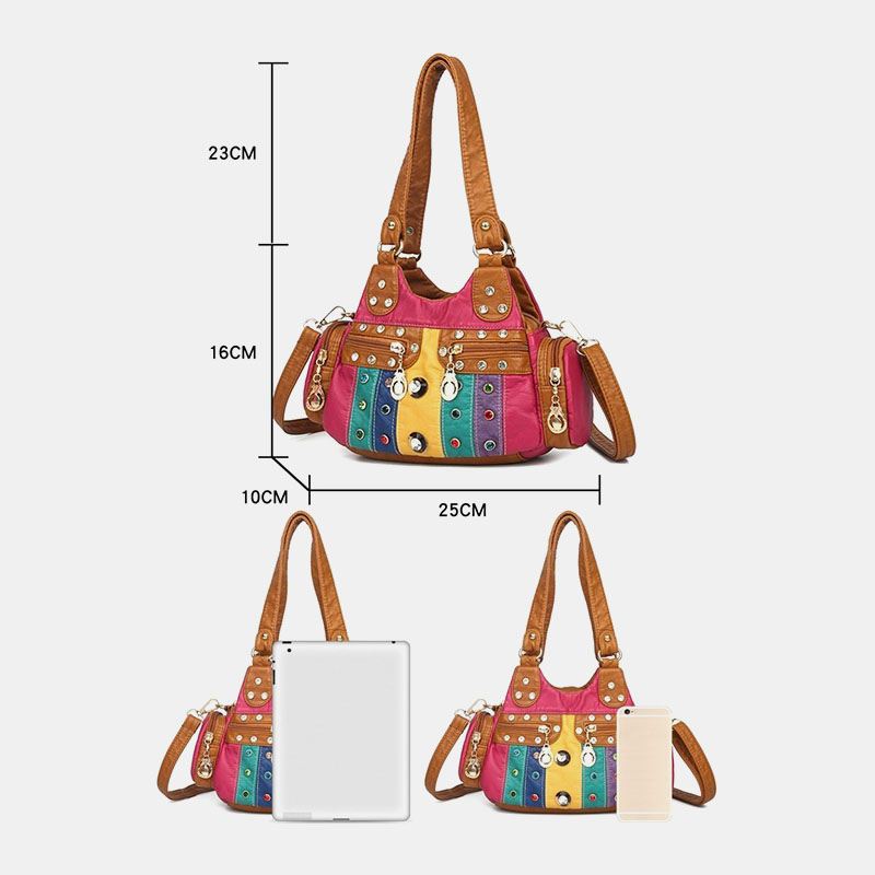 Kvinder Pu Læder Rhinestone Patchwork Vandtæt Vintage Skuldertaske Håndtaske Tote Crossbody Tasker