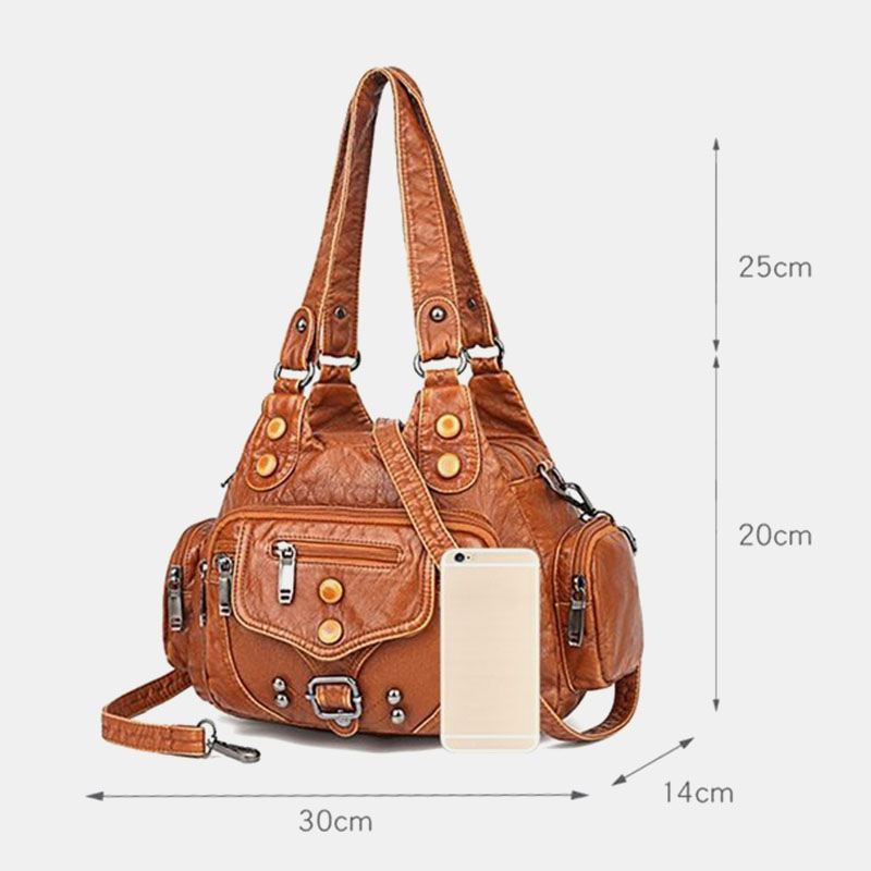 Kvinder Pu Læder Stor Kapacitet Multi-pocket Nitte Dekoration Retro Blød Tote Håndtasker Crossbody Tasker