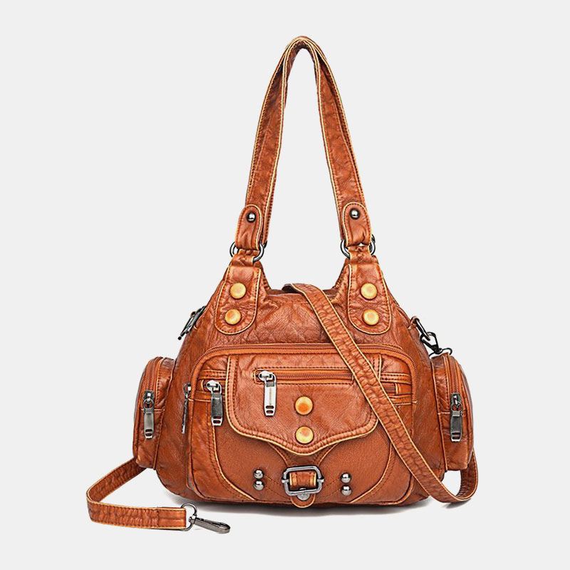 Kvinder Pu Læder Stor Kapacitet Multi-pocket Nitte Dekoration Retro Blød Tote Håndtasker Crossbody Tasker