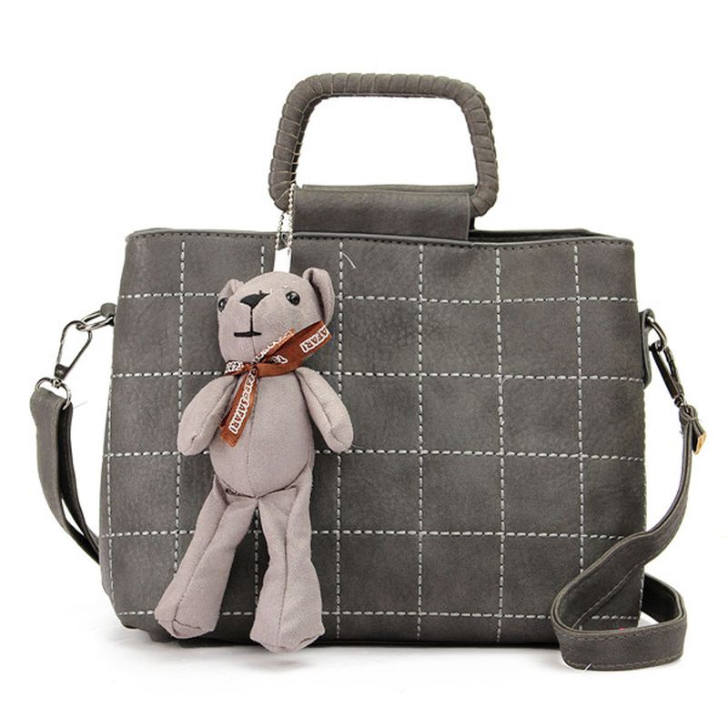 Retro Kvinder Pu Læder Plaid Bear Håndtasker Dame Elgant Skuldertasker Crossbody Tasker