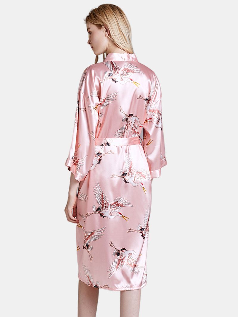 Plus Size Crane Printed Half Sleeve Longline Kimono Robe Nattøj