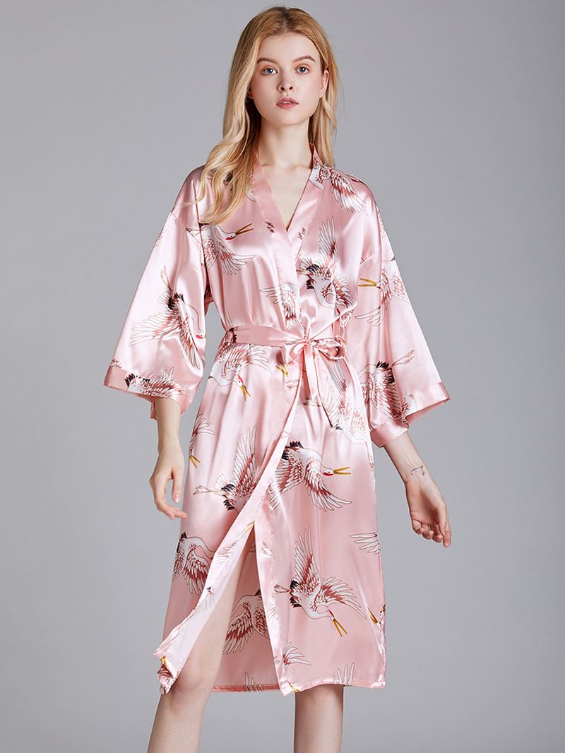 Plus Size Crane Printed Half Sleeve Longline Kimono Robe Nattøj