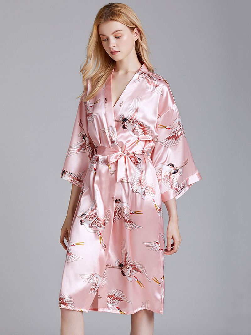 Plus Size Crane Printed Half Sleeve Longline Kimono Robe Nattøj