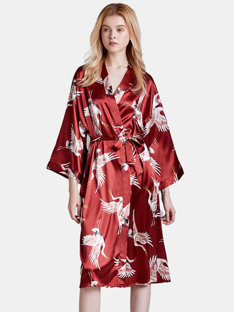 Plus Size Crane Printed Half Sleeve Longline Kimono Robe Nattøj