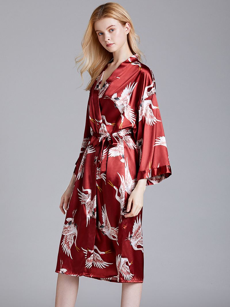 Plus Size Crane Printed Half Sleeve Longline Kimono Robe Nattøj