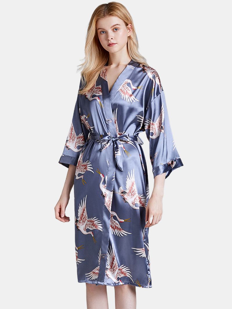 Plus Size Crane Printed Half Sleeve Longline Kimono Robe Nattøj