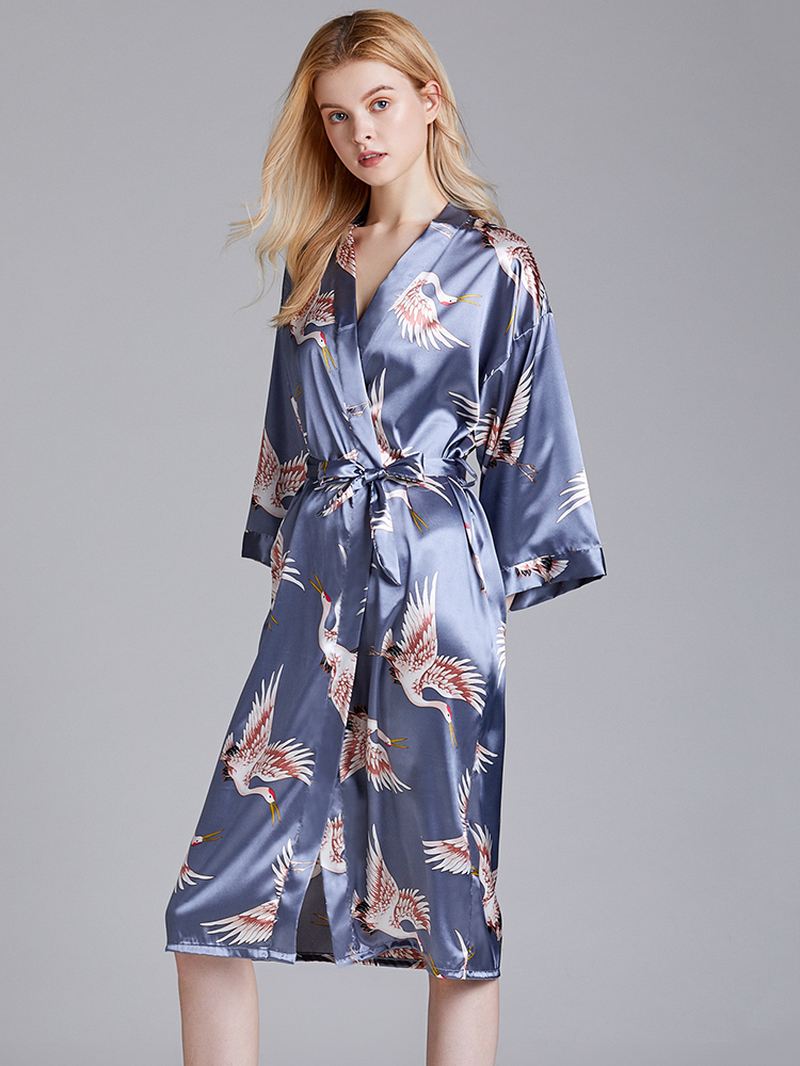 Plus Size Crane Printed Half Sleeve Longline Kimono Robe Nattøj