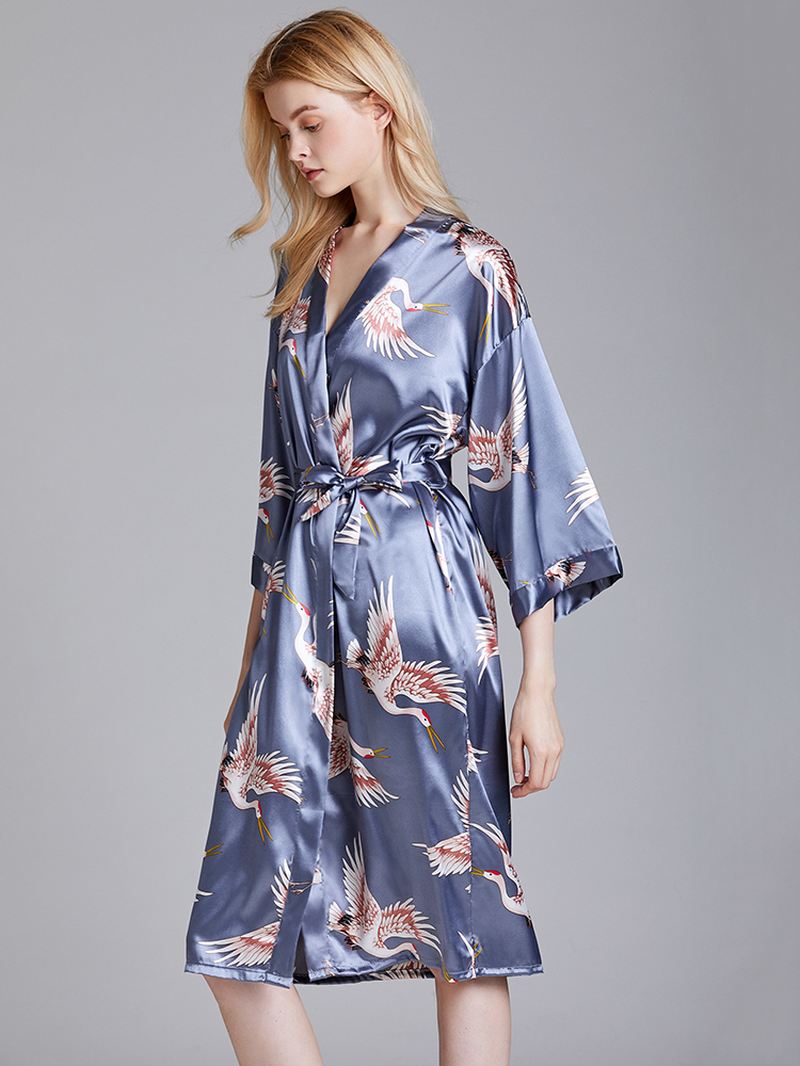 Plus Size Crane Printed Half Sleeve Longline Kimono Robe Nattøj