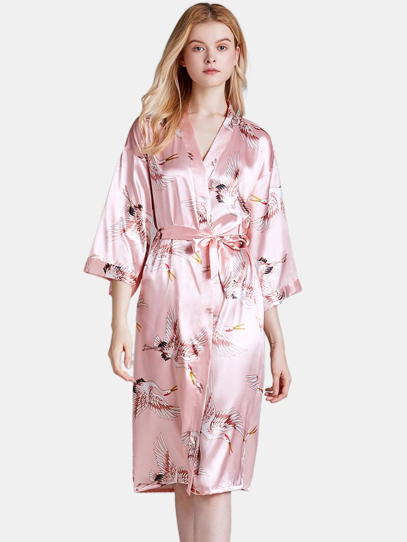 Plus Size Crane Printed Half Sleeve Longline Kimono Robe Nattøj