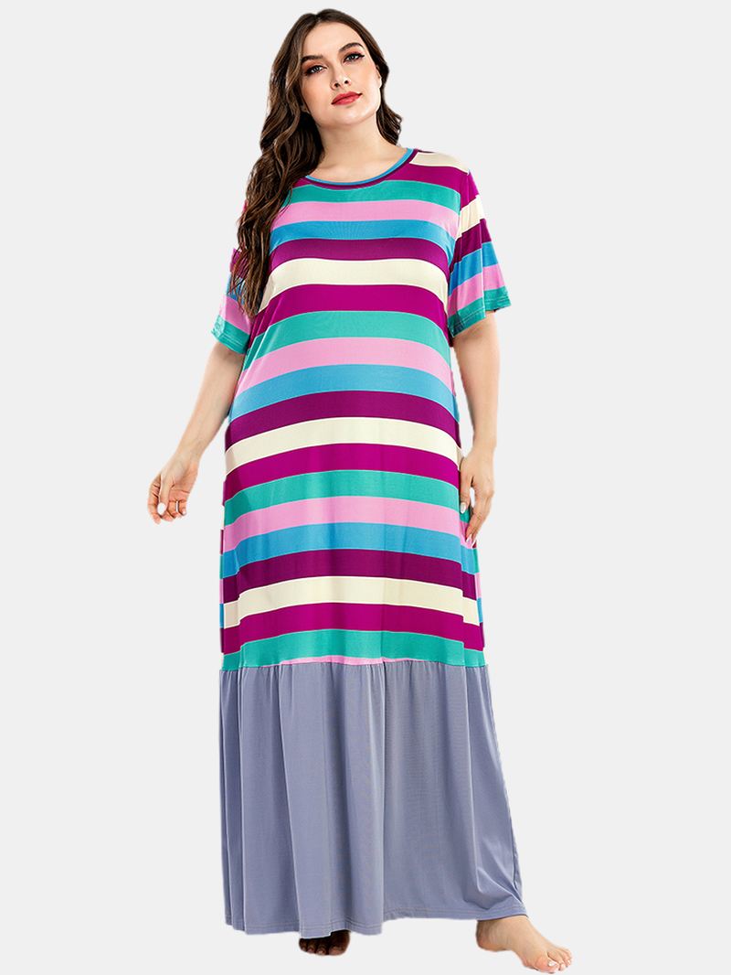 Plus Size Kvinder Farverige Stripe Patchwork Kortærmede Hjem Casual Natkjoler