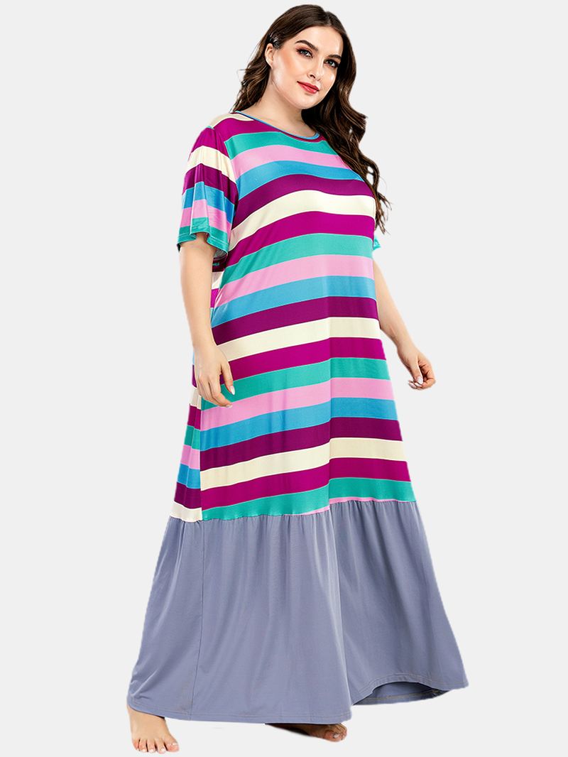 Plus Size Kvinder Farverige Stripe Patchwork Kortærmede Hjem Casual Natkjoler