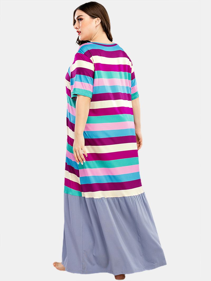 Plus Size Kvinder Farverige Stripe Patchwork Kortærmede Hjem Casual Natkjoler