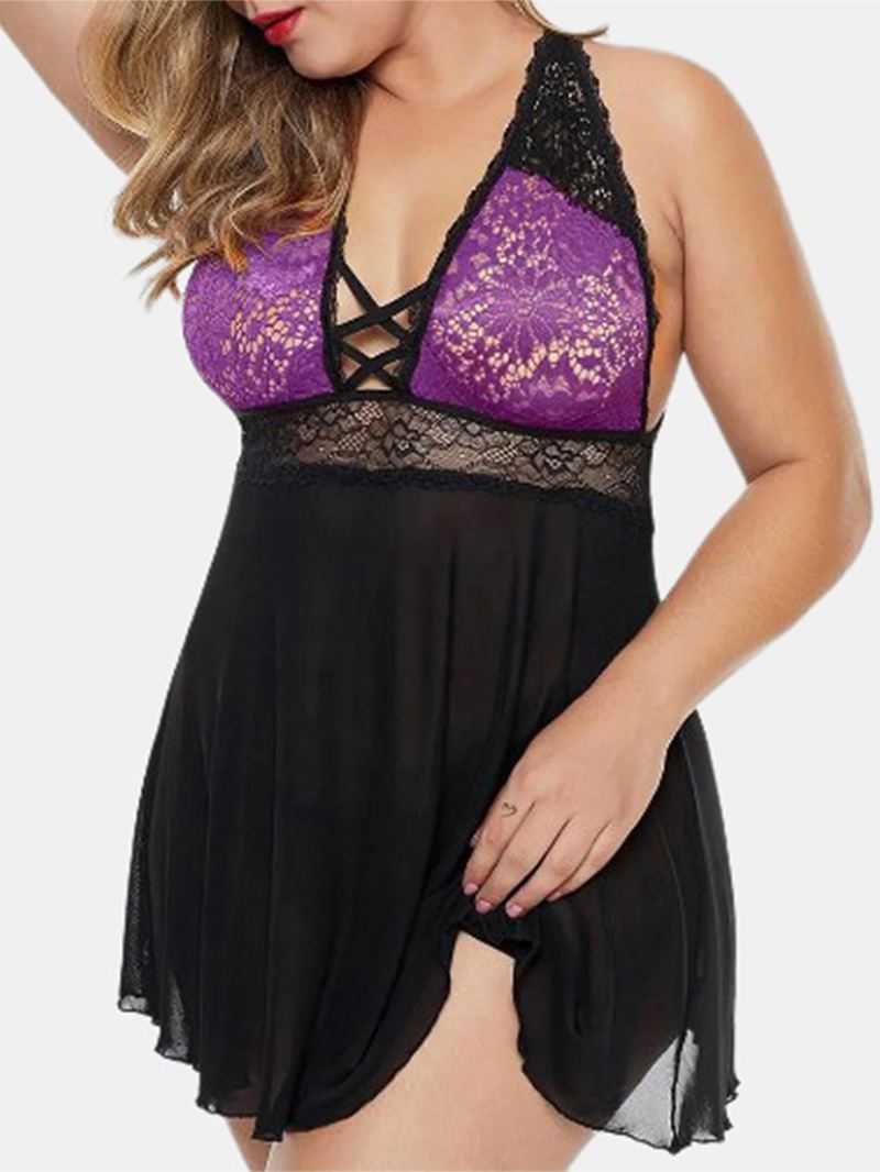 Plus Size Kvinder Lace Hollow Out Rygløs Perspektiv Natkjole