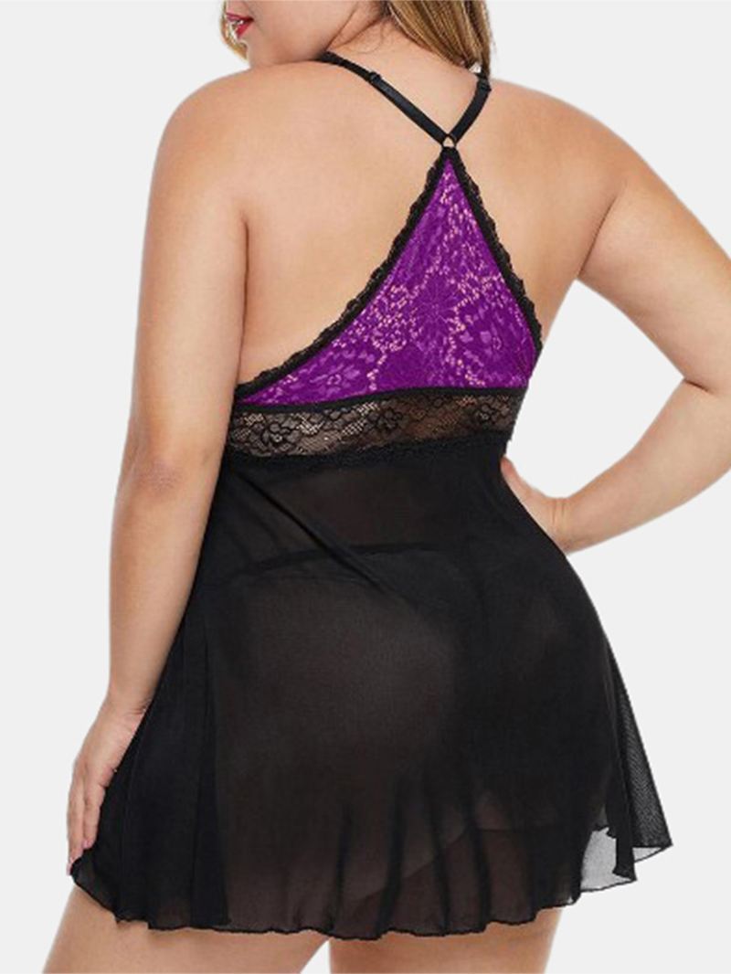 Plus Size Kvinder Lace Hollow Out Rygløs Perspektiv Natkjole