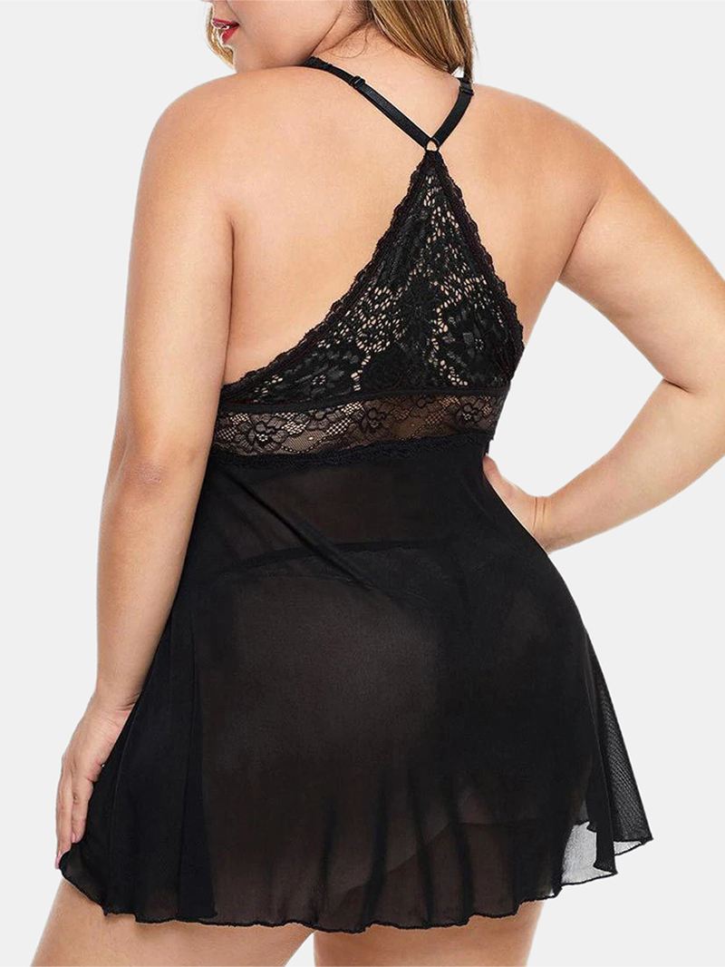 Plus Size Kvinder Lace Hollow Out Rygløs Perspektiv Natkjole