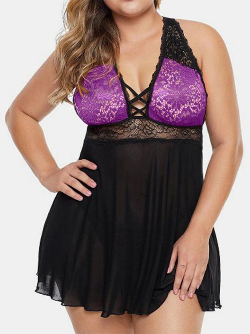 Plus Size Kvinder Lace Hollow Out Rygløs Perspektiv Natkjole