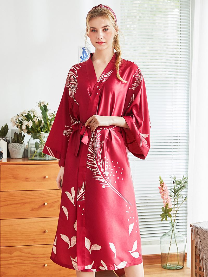 Rød Langærmet Blomstret Brudesilke Kimono Natkjole