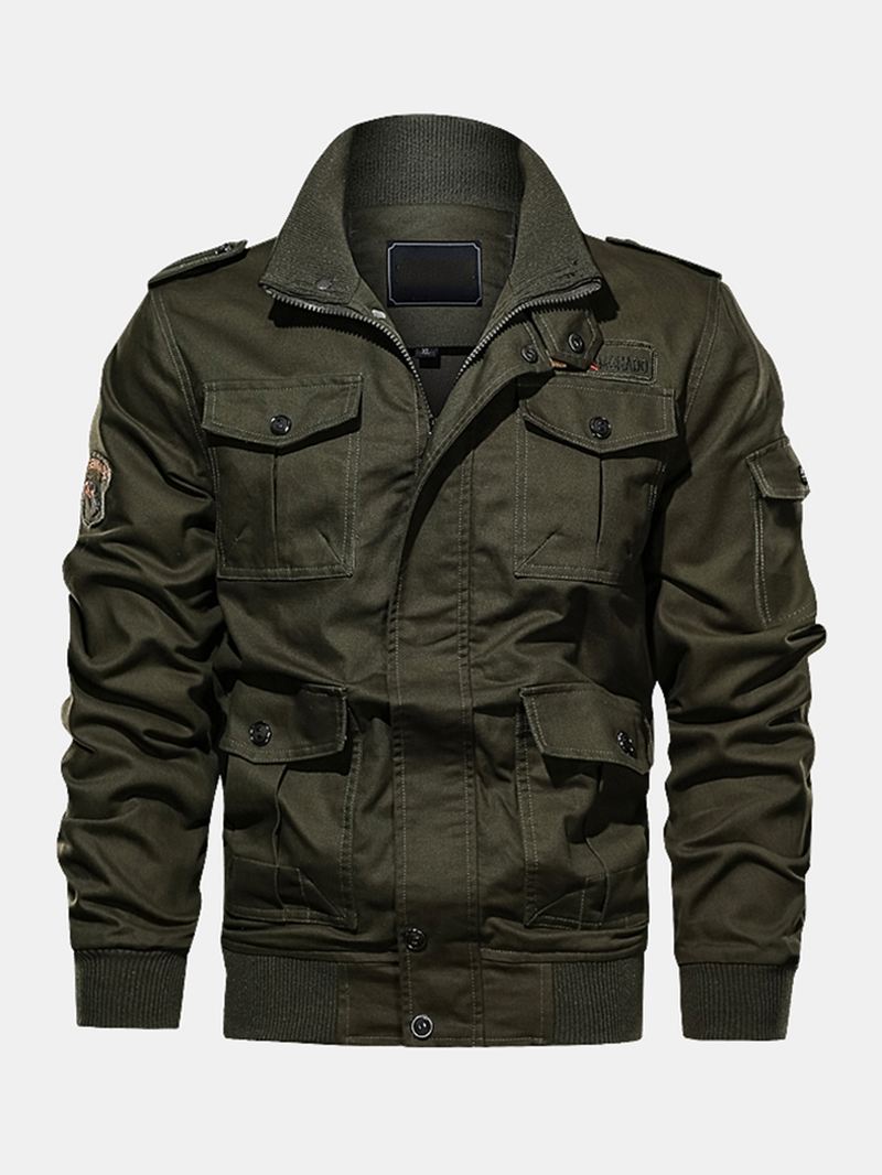 Herre 100% Bomuld Badge Zip Front Outdoor Cargo Jacket Med Multi Pocket