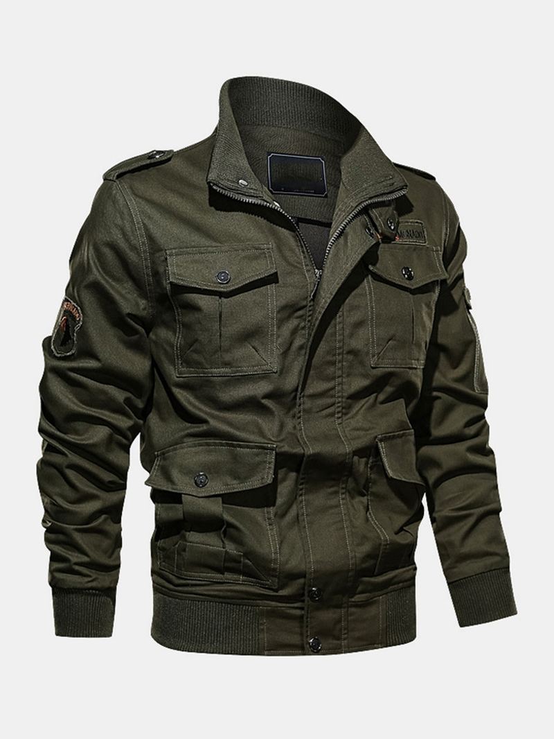 Herre 100% Bomuld Badge Zip Front Outdoor Cargo Jacket Med Multi Pocket