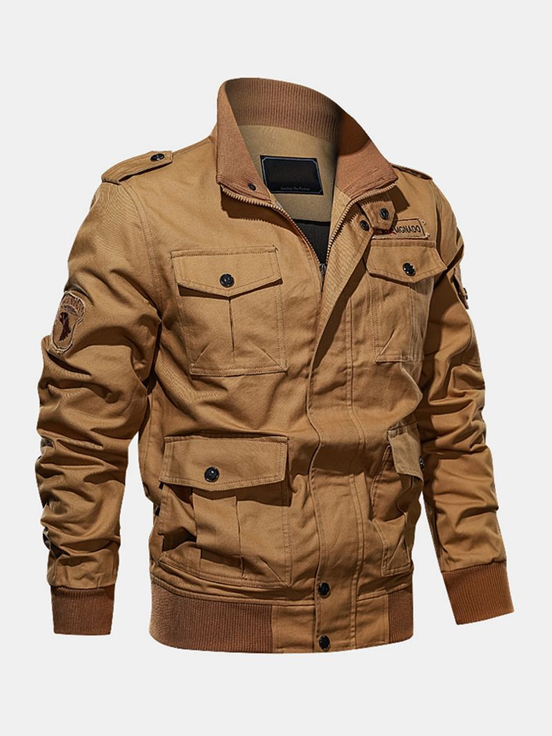 Herre 100% Bomuld Badge Zip Front Outdoor Cargo Jacket Med Multi Pocket