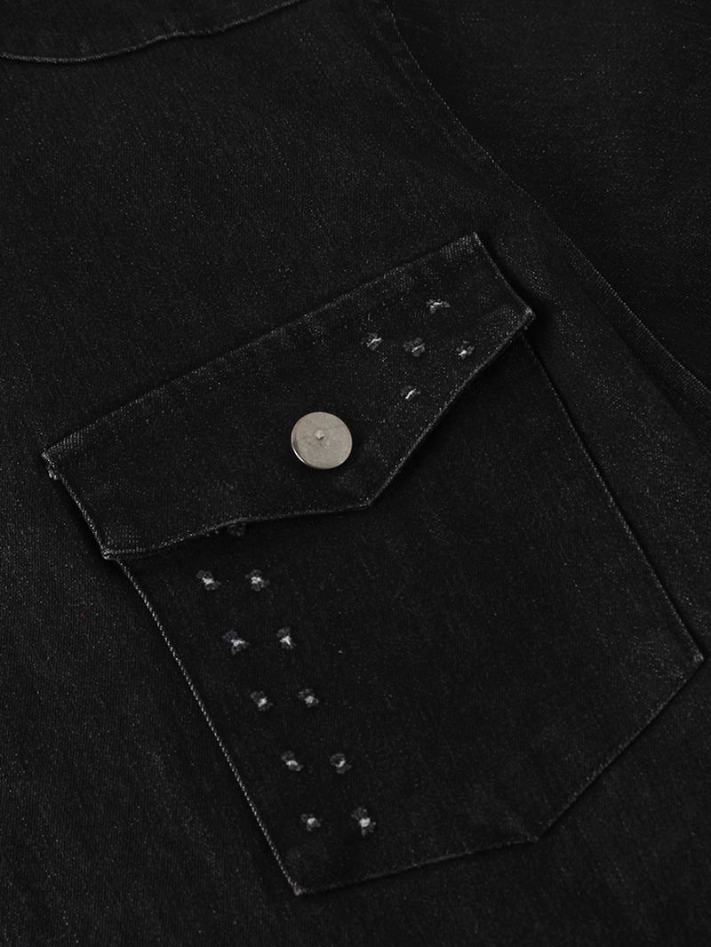 Herre Animal Back Med Tryk Lapel Double Pocket Sort Denimjakke