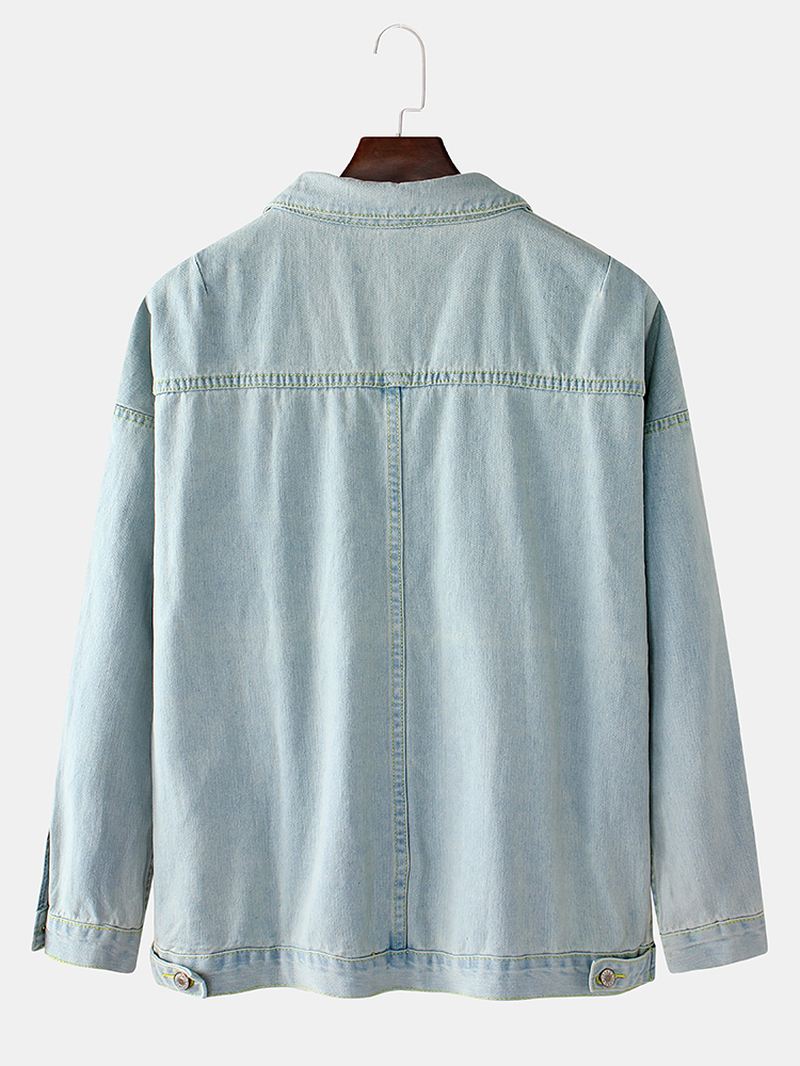 Herre Blå Revers Lomme Lange Ærmer Vintage Denim Jakke