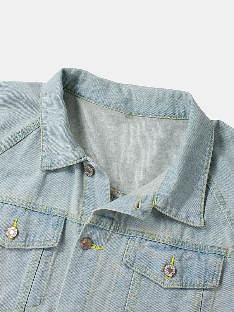 Herre Blå Revers Lomme Lange Ærmer Vintage Denim Jakke