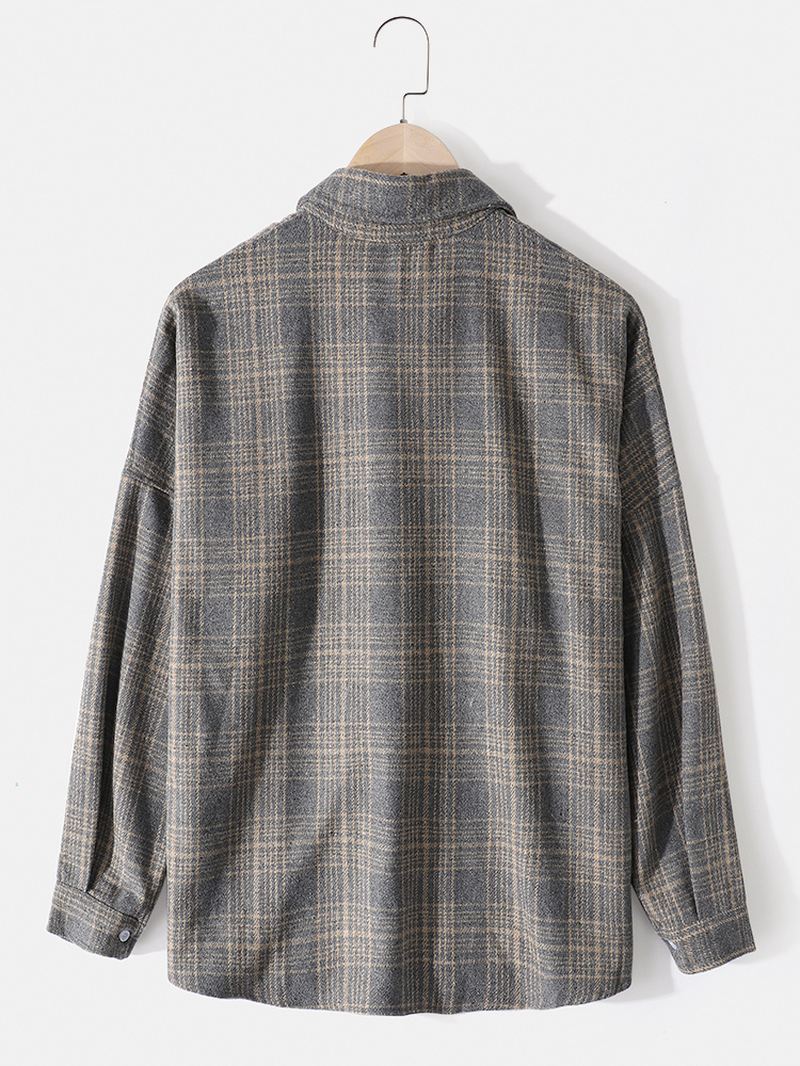 Herre Bomuld Plaid Lapel Drop Shoulder Relaxed Fit Overshirt Med Lomme