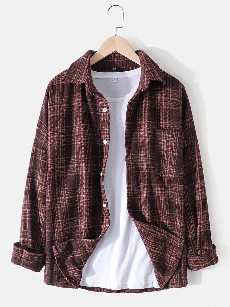 Herre Bomuld Plaid Lapel Drop Shoulder Relaxed Fit Overshirt Med Lomme