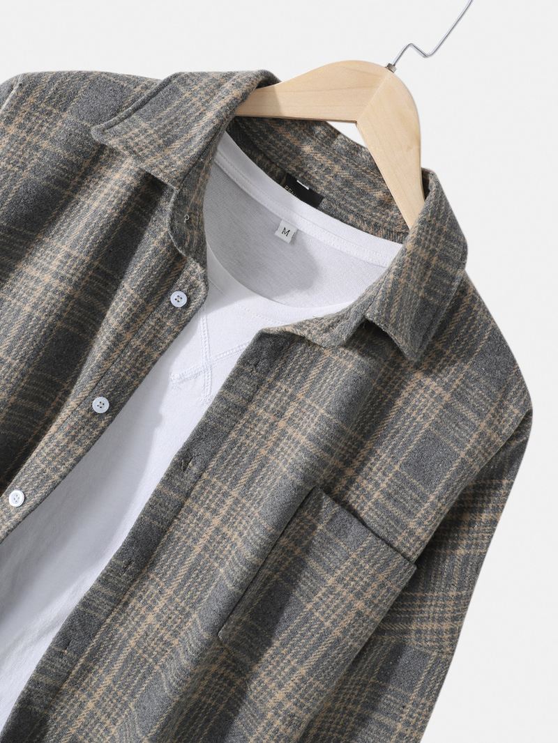 Herre Bomuld Plaid Lapel Drop Shoulder Relaxed Fit Overshirt Med Lomme