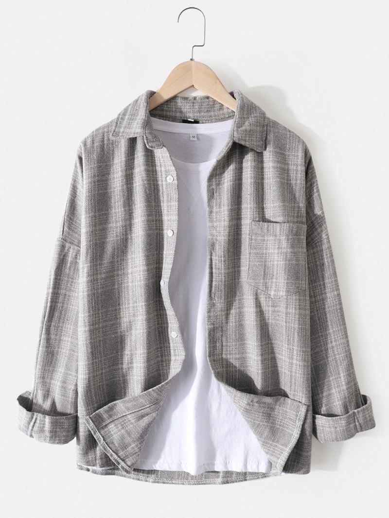 Herre Bomuld Plaid Lapel Drop Shoulder Relaxed Fit Overshirt Med Lomme