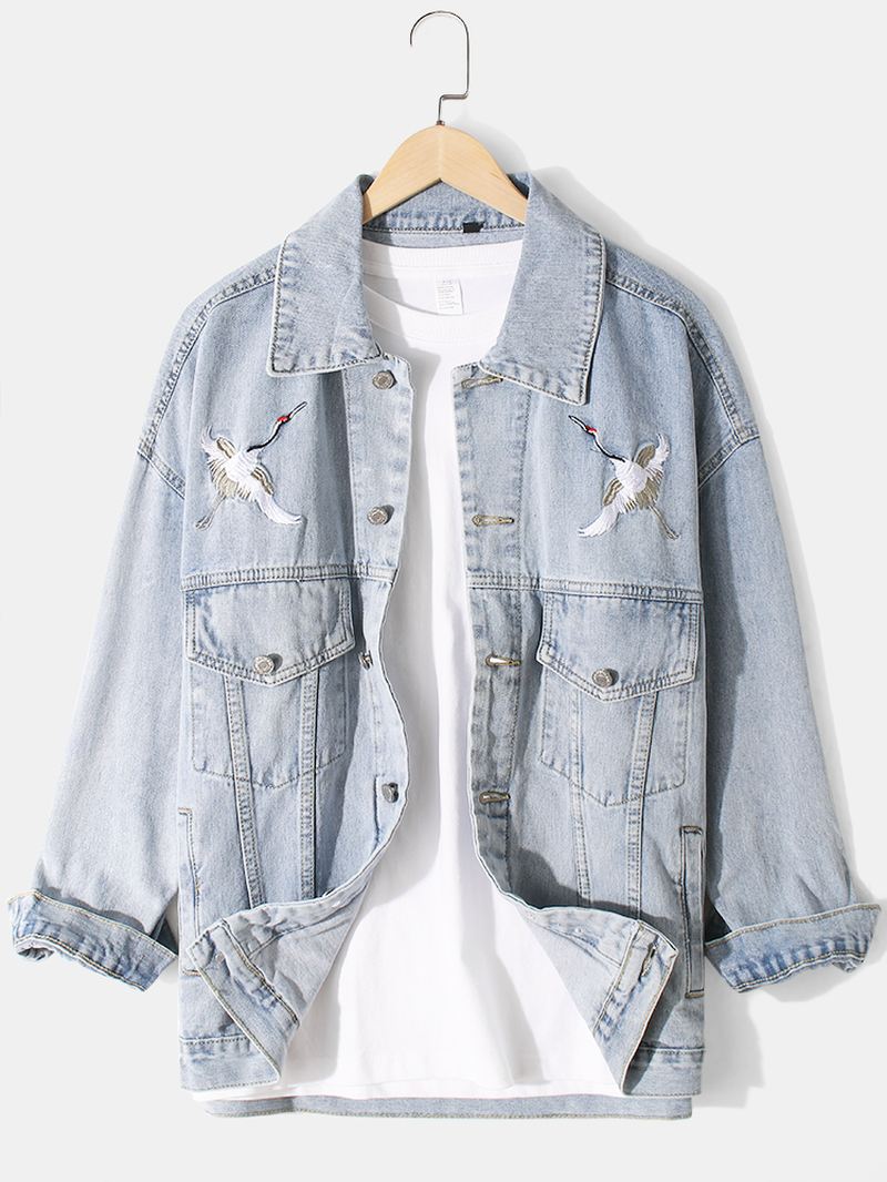 Herre Crane Brodery Faded Effect Bomuld Outdoor Stilfuld Denimjakke Med Lomme