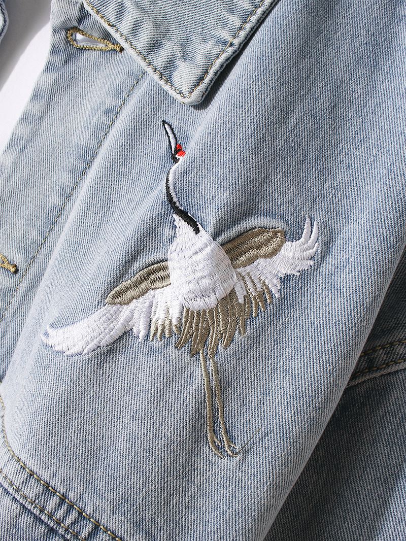 Herre Crane Brodery Faded Effect Bomuld Outdoor Stilfuld Denimjakke Med Lomme