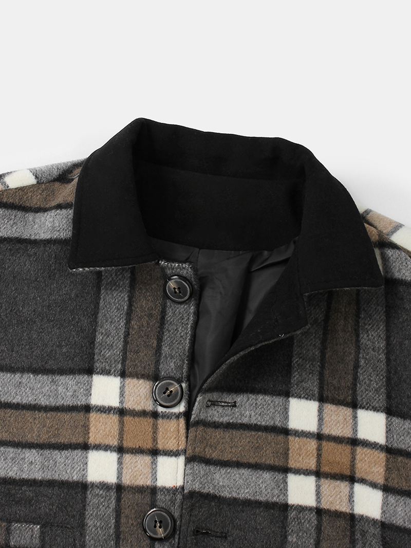 Herre Design Plaid Thicken Langærmet Varm Duffle-jakke Med Lomme