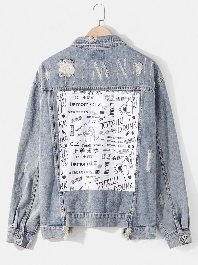 Herre Kinesisk Stil Text Back Med Tryk Distressed Denimjakke