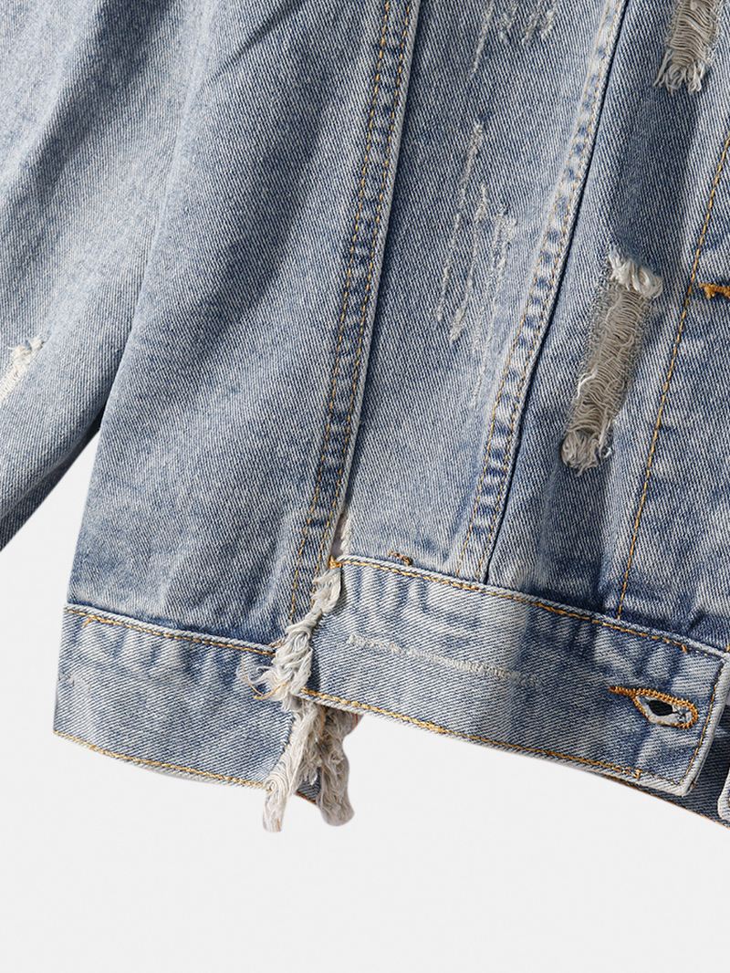 Herre Kinesisk Stil Text Back Med Tryk Distressed Denimjakke