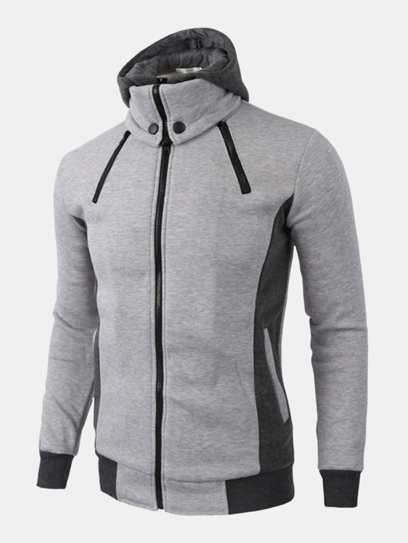 Herre Kontrast Faux Twinset Zip Front Casual Hættejakke