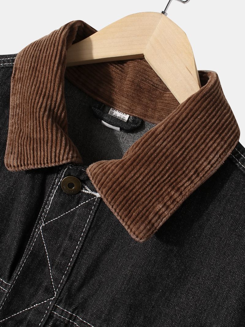 Herre Label Mønster Patchwork Lapel Langærmet Sort Denimjakke