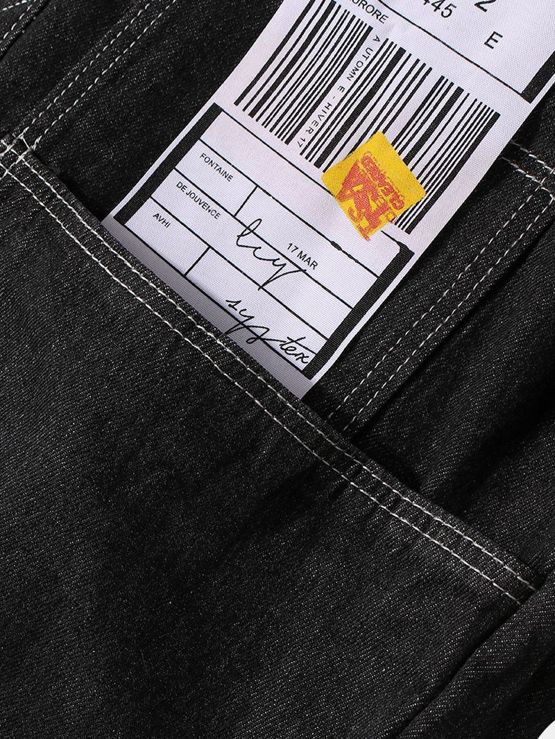 Herre Label Mønster Patchwork Lapel Langærmet Sort Denimjakke