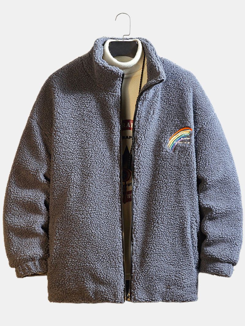 Herre Letter Rainbow Broderet Lynlås Front Fleece Varm Casual Jakke