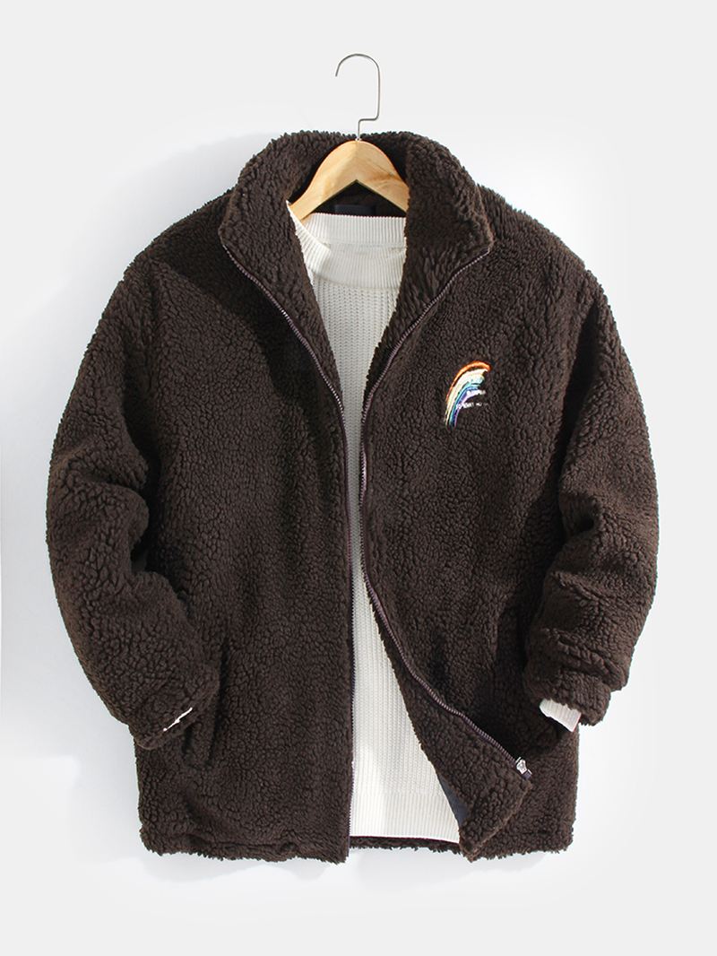 Herre Letter Rainbow Broderet Lynlås Front Fleece Varm Casual Jakke