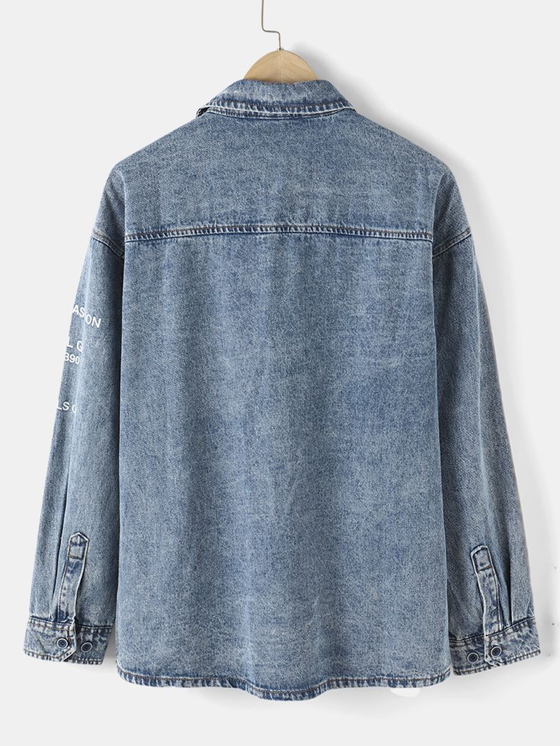 Herre Letter Sleeve Med Tryk Button Up Lapel Bomulds Denimjakke