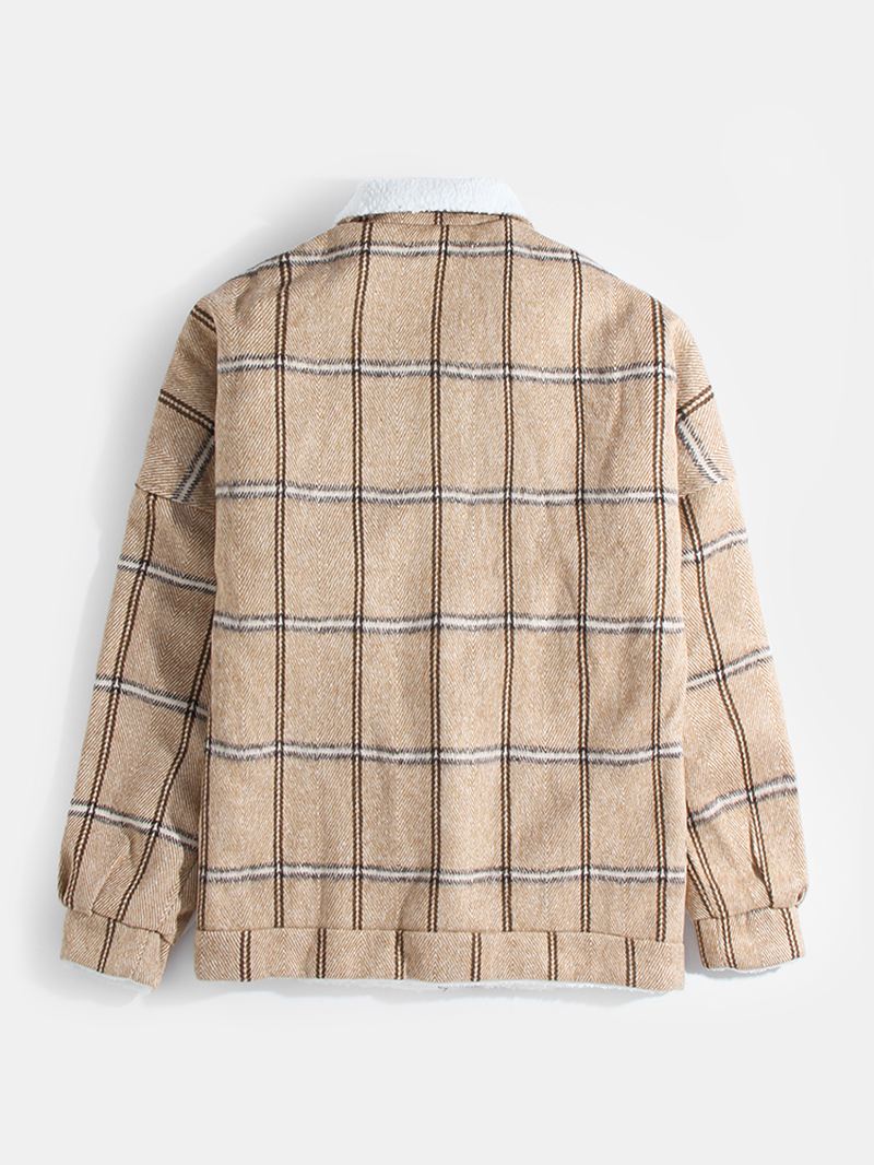 Herre Plaid Knap Front Revers Sherpa Foret Varm Dobbeltlomme Jakke