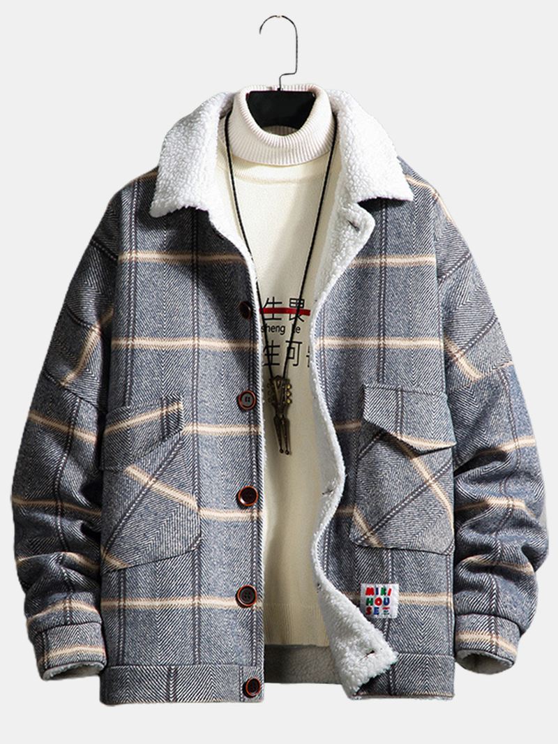 Herre Plaid Knap Front Revers Sherpa Foret Varm Dobbeltlomme Jakke