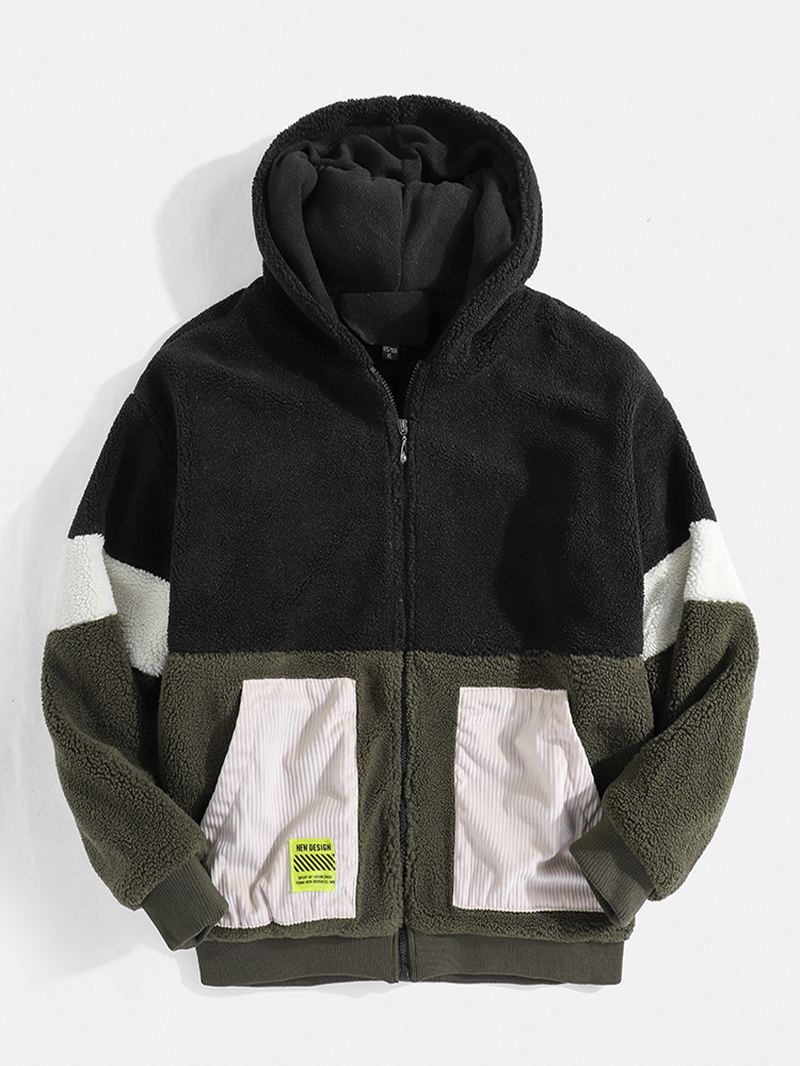 Herre Sherpa Fleece Patchwork Zip Up Bomuld Casual Hættejakke Med Lomme