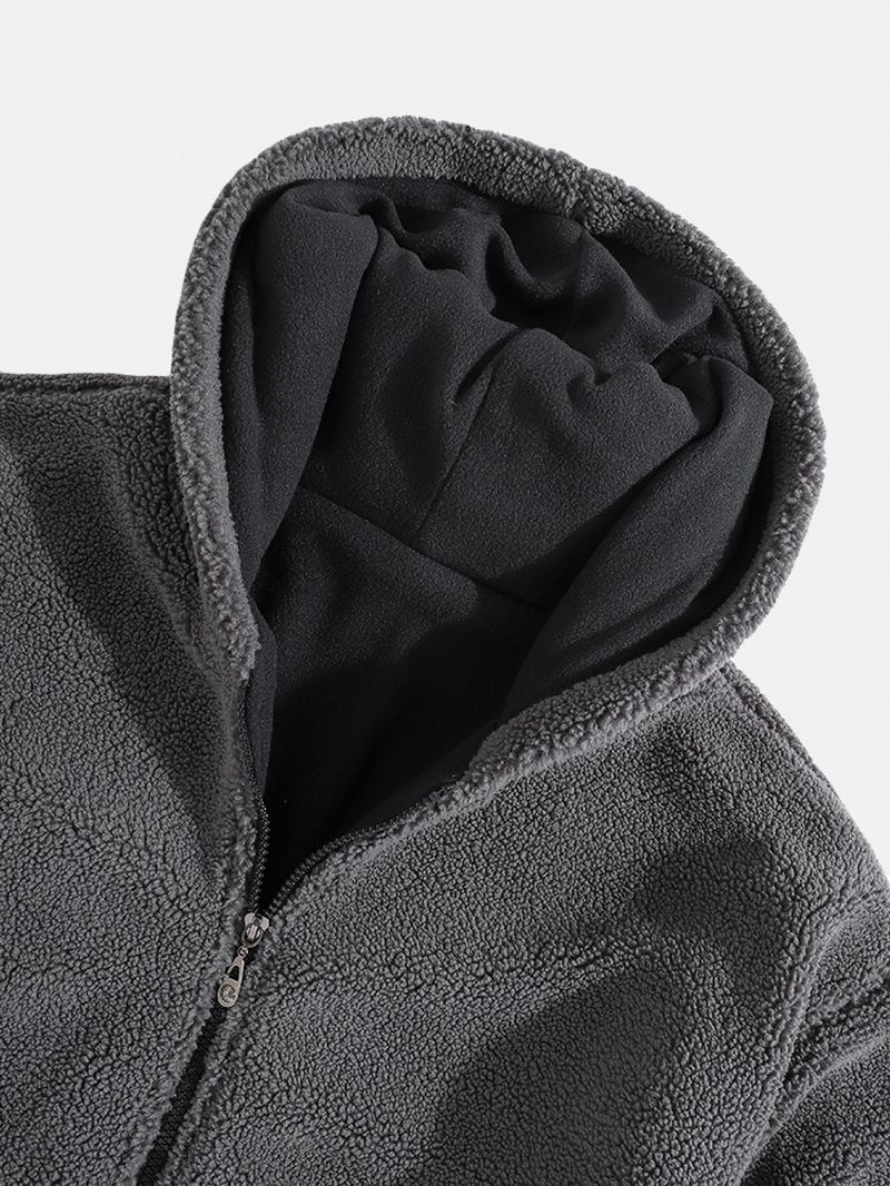 Herre Sherpa Fleece Patchwork Zip Up Bomuld Casual Hættejakke Med Lomme