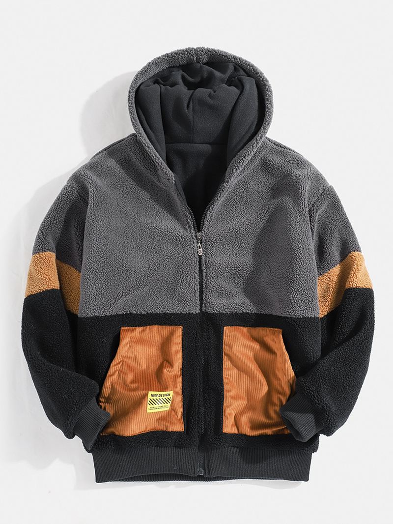 Herre Sherpa Fleece Patchwork Zip Up Bomuld Casual Hættejakke Med Lomme