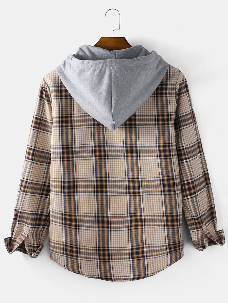 Herre Tartan Button Up Langærmet Buet Kant Loose Fit Hættejakke Med Snøre