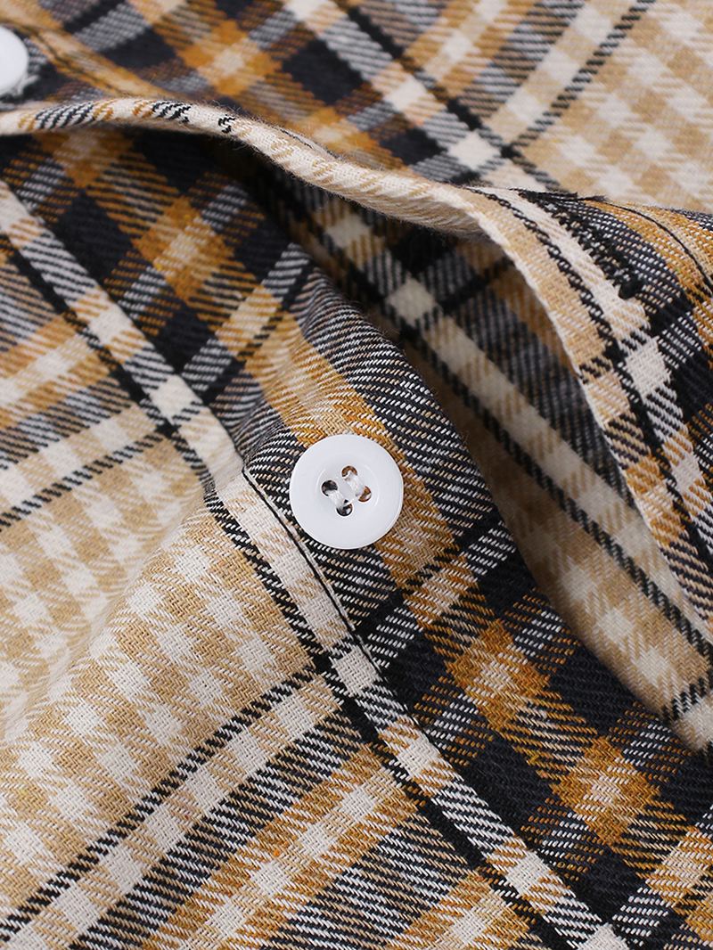 Herre Tartan Button Up Langærmet Buet Kant Loose Fit Hættejakke Med Snøre